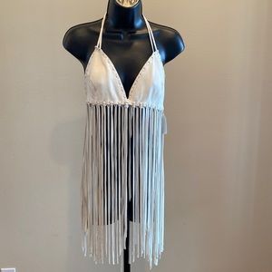 A. Tsagas White Leather Halter Fringe Top S/M”New” Handmade USA
